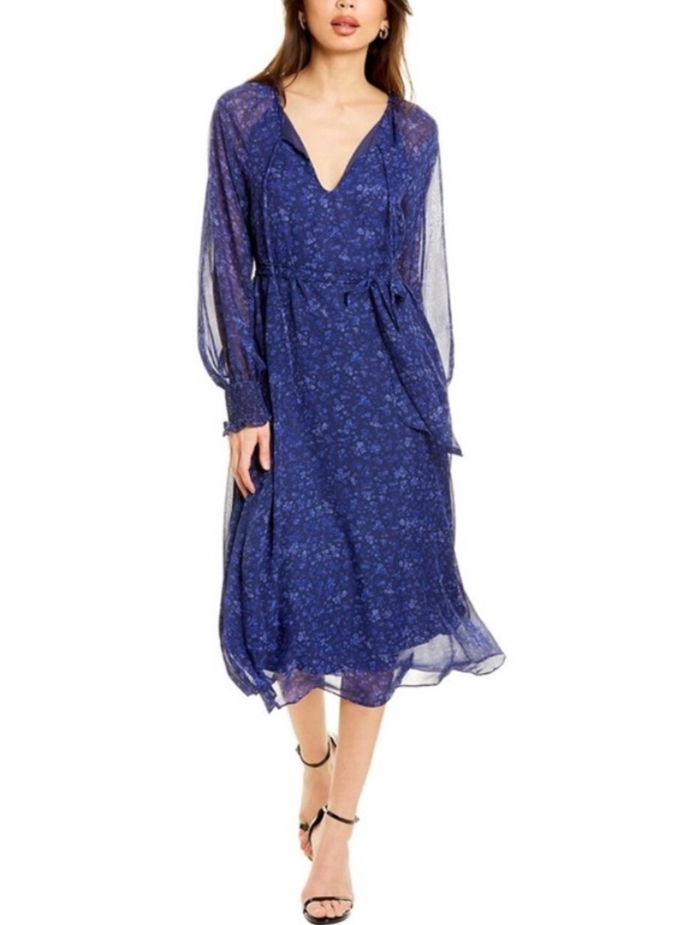 FLAWED Laundry by Shelli Segal Floral Long Sleeve Deep Blue Midi Dress, Size 0